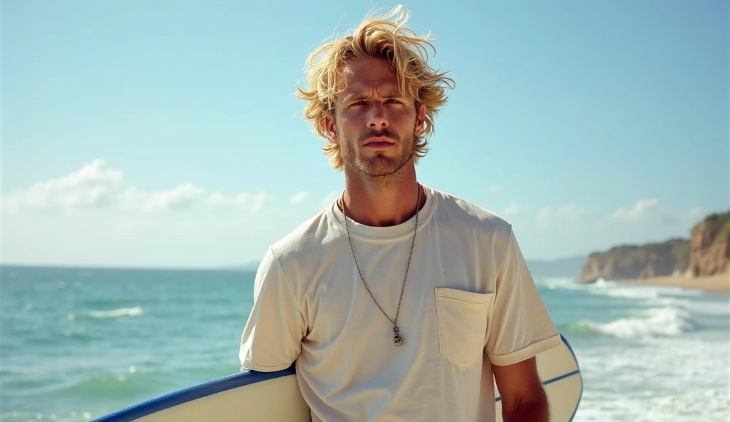 Blonde fit man on beach with surfboard, waves, sunshine, 50s surf scene, surf competition, Hawaiian surf scene, the beach boys Era, 