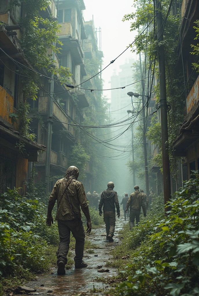 Decaying zoo, enclosures overgrown with vegetation, survivors forced to confront undead animals alongside human threats. ,screen cap from George A. Romero's Twilight of the Dead" , twilight_of_the_dead