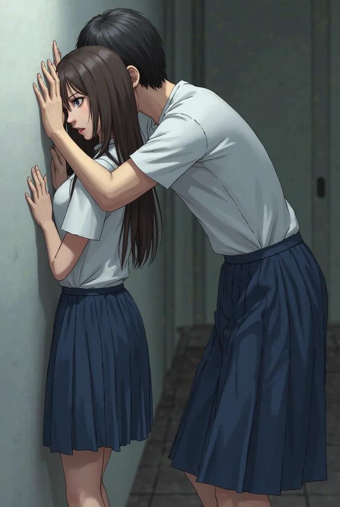 ((best quality)), ((work of art)), ((detailed)), woman with brown hair and bangs, in a doggy-style position, against a wall, skirt lifted by a man, who is taking her from behind
