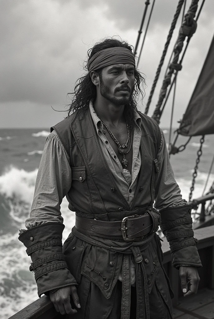 Black and white photo of a 6'6" tall shirtless pirate with a small waist and an incredible physique 