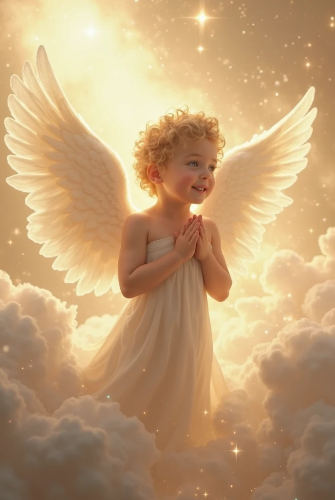 "Create an image of a guardian angel who looks like a . The angel should have small, delicate wings with soft, shiny feathers. Dress him in a light, white robe that flows in an ethereal manner. The background could be a clear blue sky with soft clouds or a tranquil celestial landscape. The angel's expression should be innocent and welcoming, conveying a sense of protection and comfort."