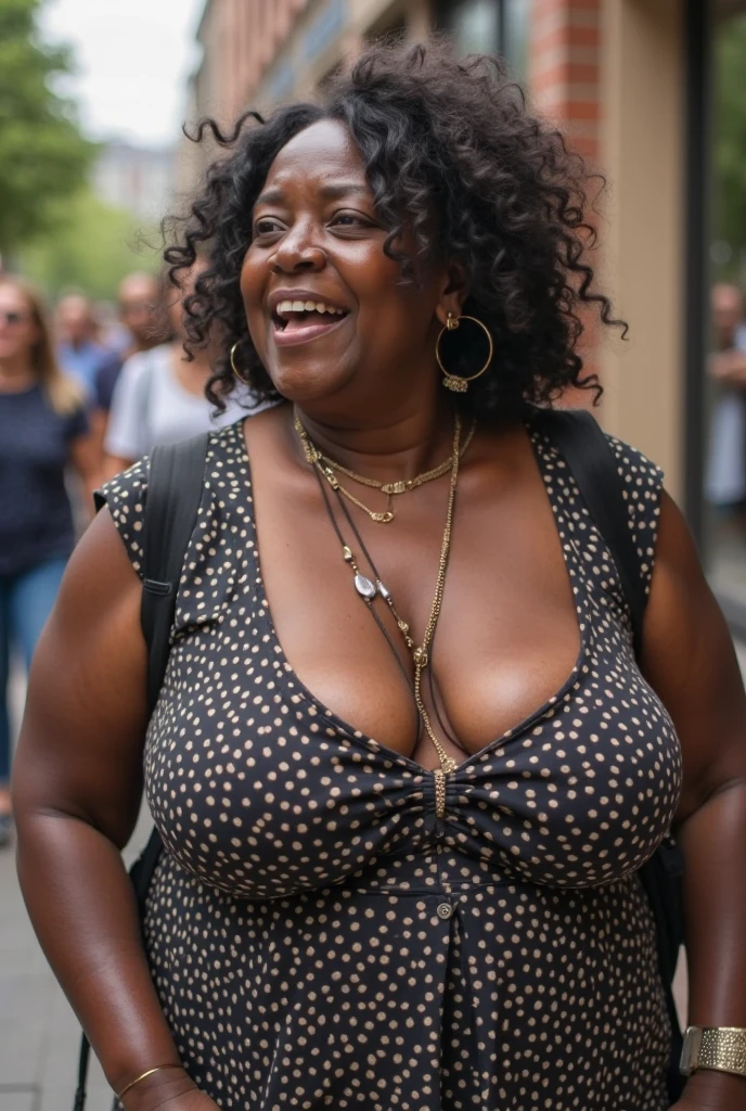 Roxanne Hancock, her name is Shaniqua, high quality, 1 old woman, ((50-year-old pear shaped body black woman)), ((50 years old)), (((pear shaped body 1.9))), ((thick thighs)), ((wrinkled body)), ((((old body)))), ((short curly hair)), (no make up), (she is wearing a colorful party dress), POSE: standing, BACKGROUND: outdoor: On the vibrant streets of New Orleans during Mardi Gras""
