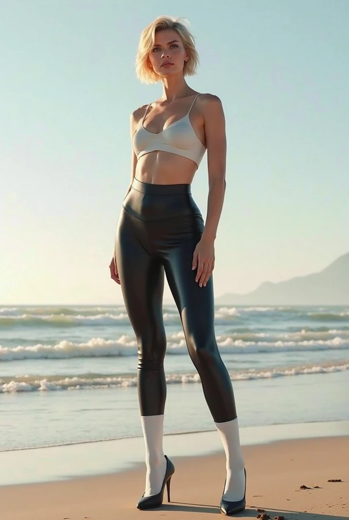 A young man having long legs, thick thighs, large wide hips, thin and narrow weist, big large feminine breasts, , leggings and formal shirt ,on beach , very small spikey boyish haircut, man man , penis bulge , man, penis enlargement, penis bulge 
