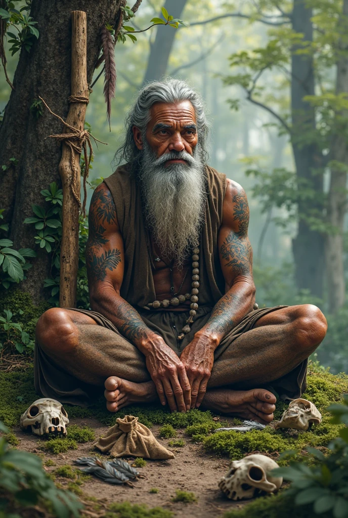 A 60 year old Sadhu is sitting in the middle of a forest, with five other man in 40 year old Sadhus standing with folded hands, whose hair is white, skin is fair, clothes are saffron.  captured in an ultra-realistic full HD 4K portrait, detailed texture showing its menacing shape, Immersive atmosphere, high definition shadow play, digitalpainting, nevoa no environment.