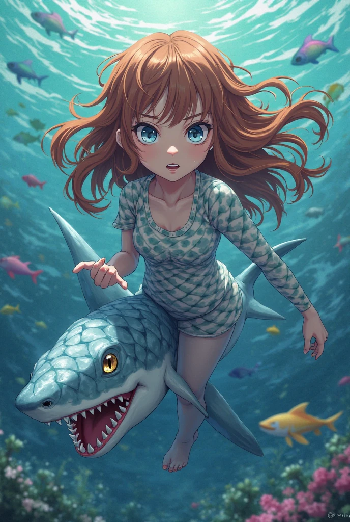 1girl, lolicon, green eyes,  crying , torn denim shorts, bare bottom, bitten in the ass by crocodile, ginger hair, hair bow, white top, beach