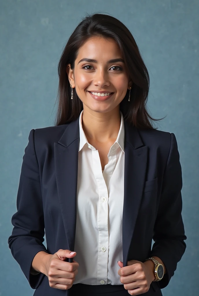 front face photo, proffesional, Brazilian woman, wearing blase and formal clothes, crossed arms, Grinning