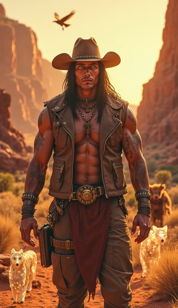 "Create a realistic image of a Thai man with strong, serious features, wearing a brown shirt and a wide-brimmed cowboy hat Tiger skin band is a strap around the hat. He is holding a long rifle with a firm grip. The background should be natural and somewhat indistinct, focusing more on the character. Emphasize realistic textures and lighting to bring the character to life."