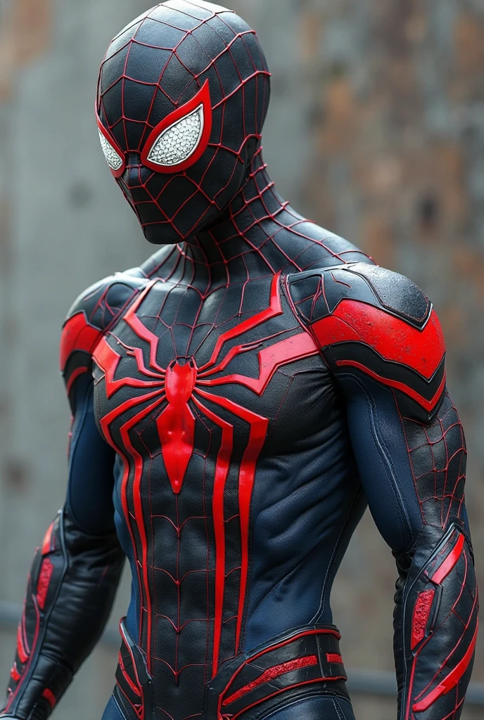 A twenty year old handsome hispanic. with short brown hair cosplaying a red and black spiderman suit. Well toned body and sharp jawline