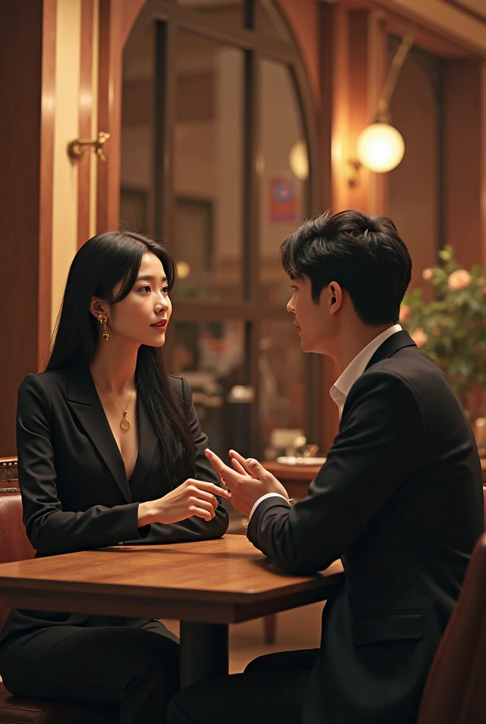 
Korean woman sitting, age 26, loose brown hair, with a stripe on the side, with tailored dress pants and a black silk top with spaghetti straps, in a bakery talking to ((strong American man 35 years old)). REAL WOMAN IMAGE CHAT, 3 shopping bags on the floor, Well-dressed AMERICAN MAN, 38 YEARS OLD, without a beard, they are sitting at a table and serious Realistic 8k image