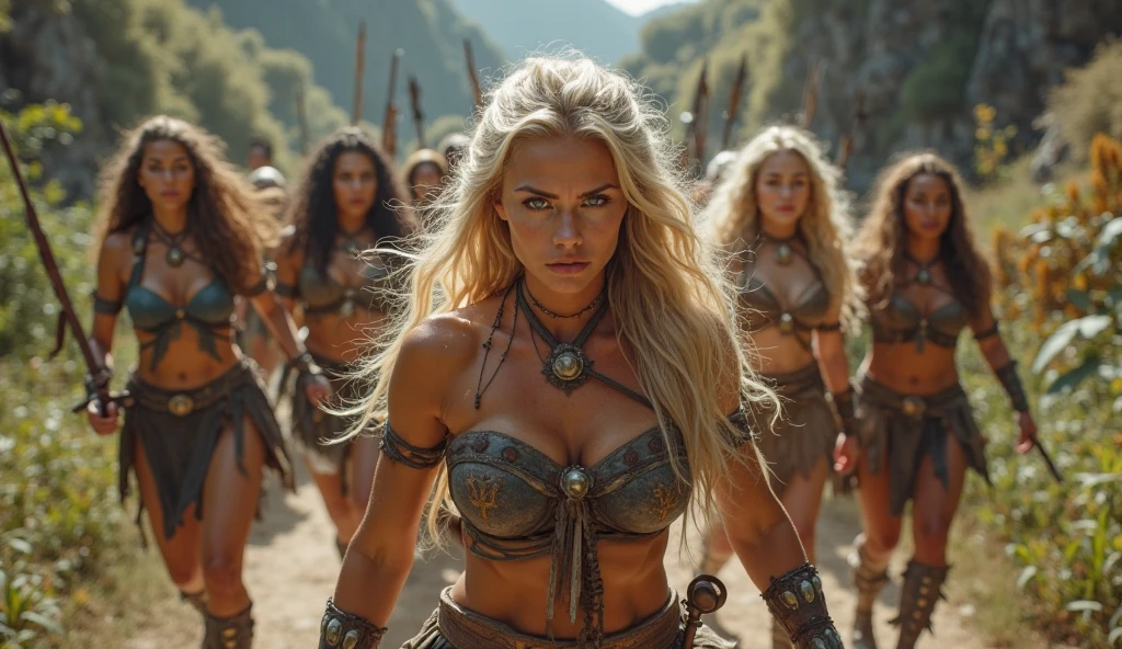 beautiful but savage blonde female viking medieval warriors running through a ransacked and burning village,raining,looking at observer,stern expressions,grimy and scarred skin,wounded,torn and ripped clothing,cleavage,holding swords