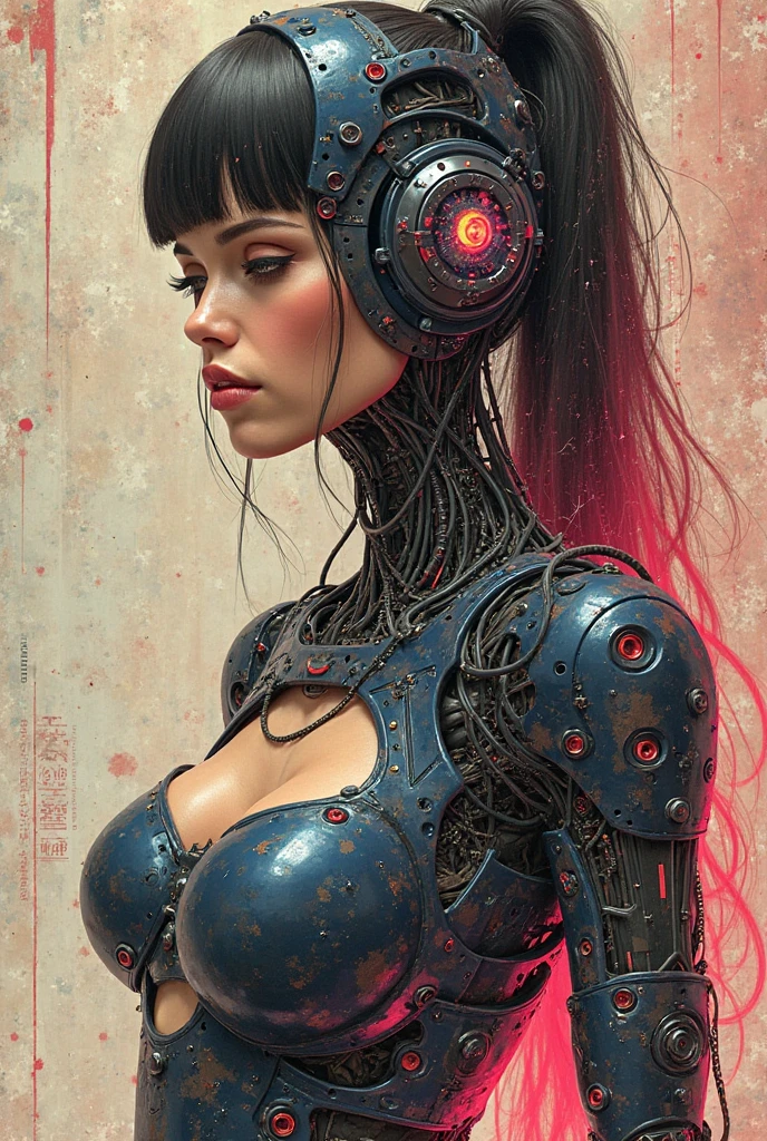 (((masterpiece))), ((best quality)), ((ultra-detailed)), (CG illustration), (an extremely devious and beautiful)), (cute desktop face), cinematic light, ((1 mechanical girl)), single, full, (machine-made joints). : 1.4), ((mechanical limb)), (blood vessel attached to tube), ((mechanical spine attached to back)), ((mechanical cervical vertebrae attached to neck), ((war machine)), expressionless, (wires and cables attached to head and body: 1.5), (character focus), science fiction