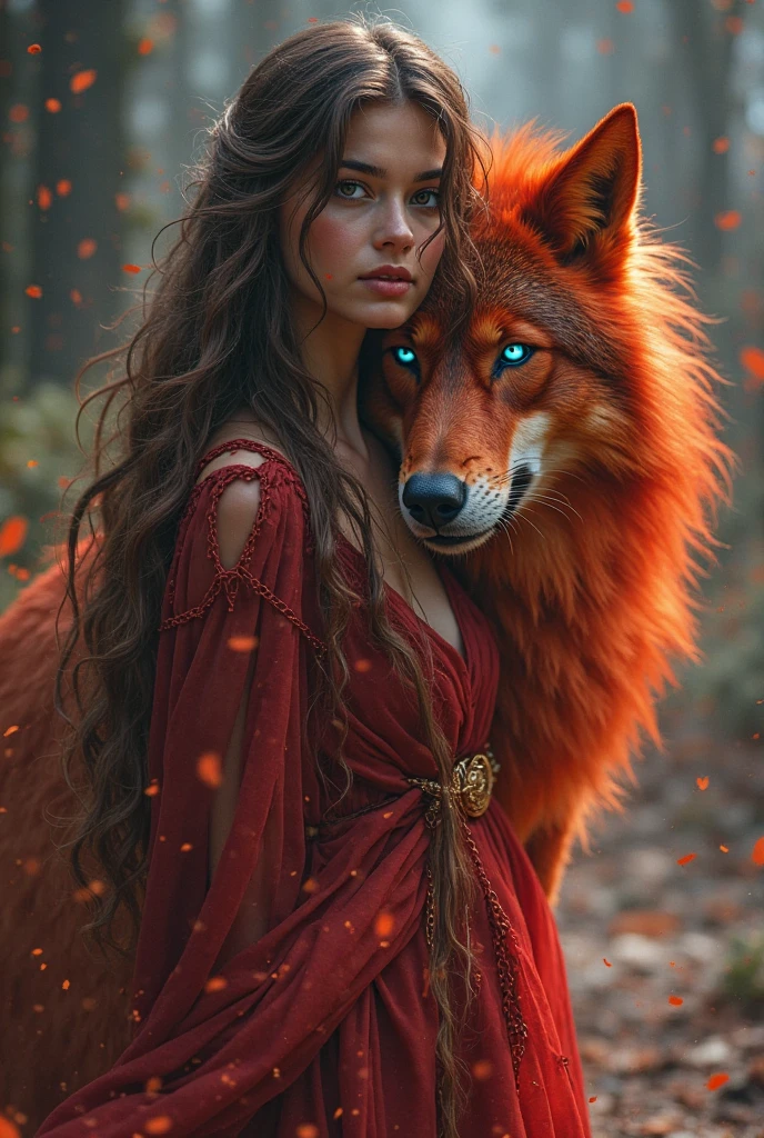Princess with red eyes,red curly hair, fierce cute face, . A wolf beside her.
