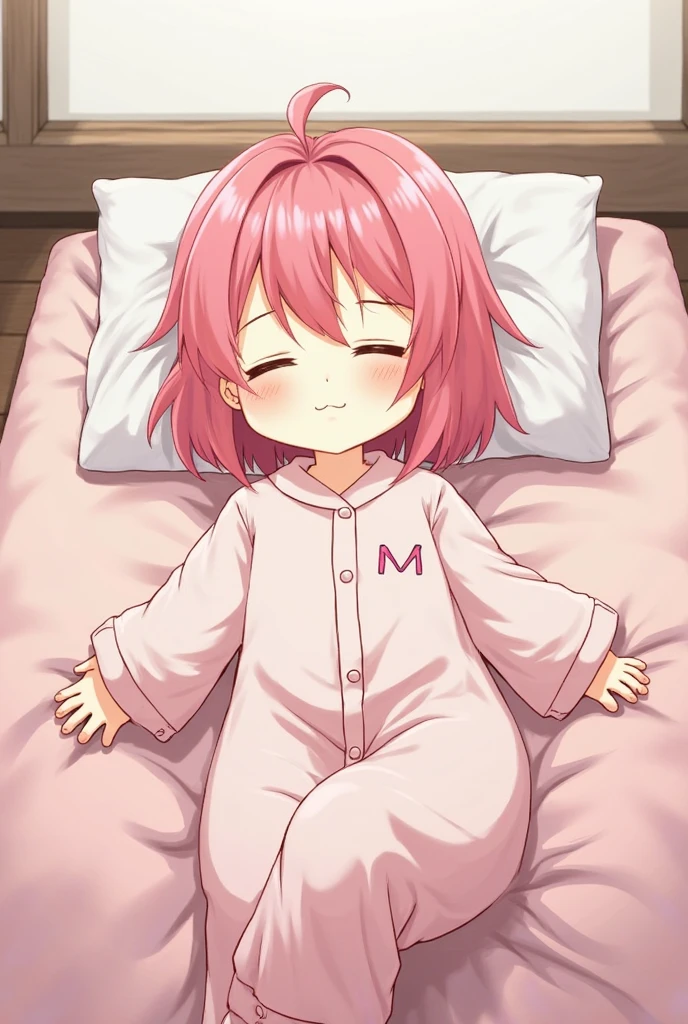 Girl with pink pajamas, lay on the bed,Rina tamaki, sakura pattern bed, sleeping,cute