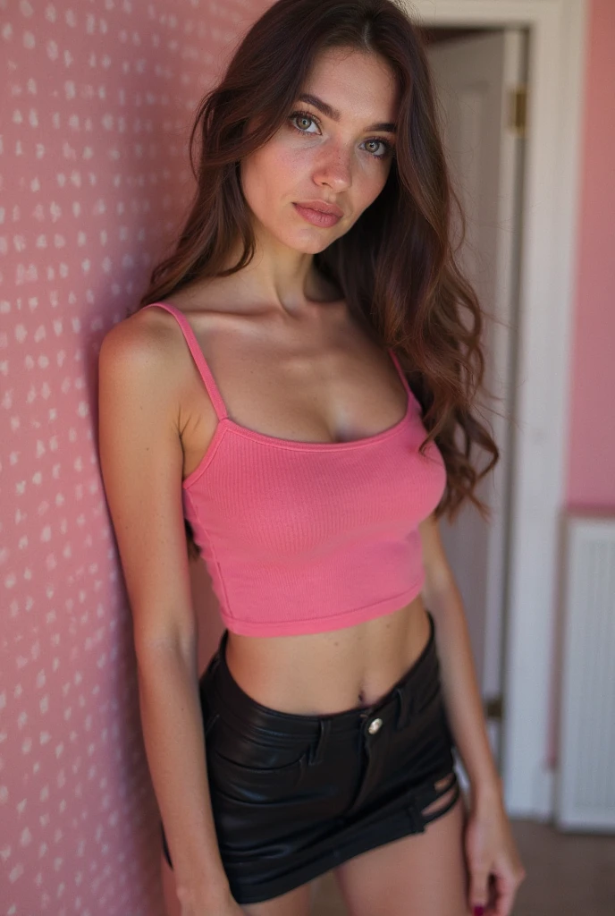 13 year old girl, skinny, dark red hair, cum covered face, transparent tube top, very short black panties, NSFW,