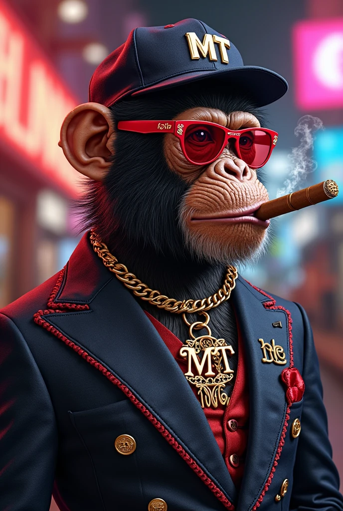 1 purple female monkey, with a red gangster suit with chains, hat and glasses, tattooed, with huge diamond and gold rings, smoking with a pipe, making a heart with both hands