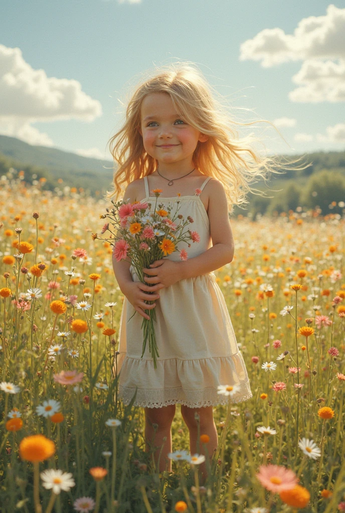 Young girl surrounded by wildflowers in the evening, Fireflies illuminate
