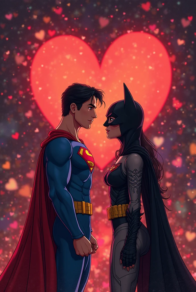 Two boys one is dressed as superman and the other is dressed as Batman they are kissing each other the boy who is dressed as superman is holding the boy who is dressed as Batman they both are flying in a beautiful sky they are kissing each other passionately the image has to be in anime