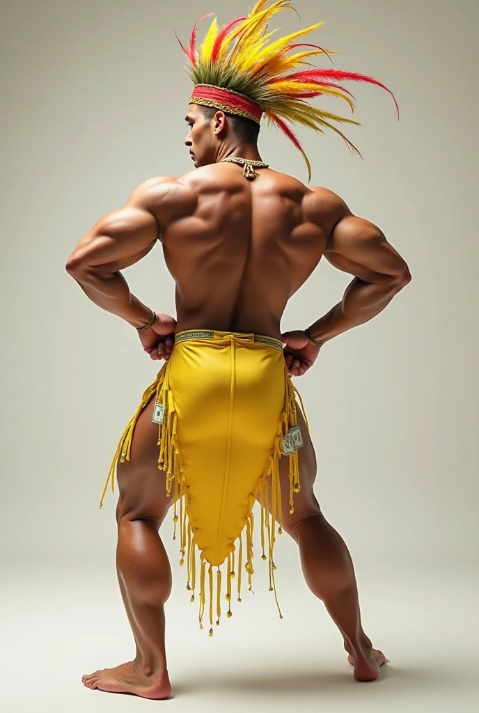 hulk photography, light cinematic heavyweight bodybuilder, 75 kg of complete muscle, Bigote grueso y trozo chino barbudo, hombres muy guapo. perfect body proportion,, hypermuscular nalgon, realista, cowboy with hat, metalic gold shorts, backside
