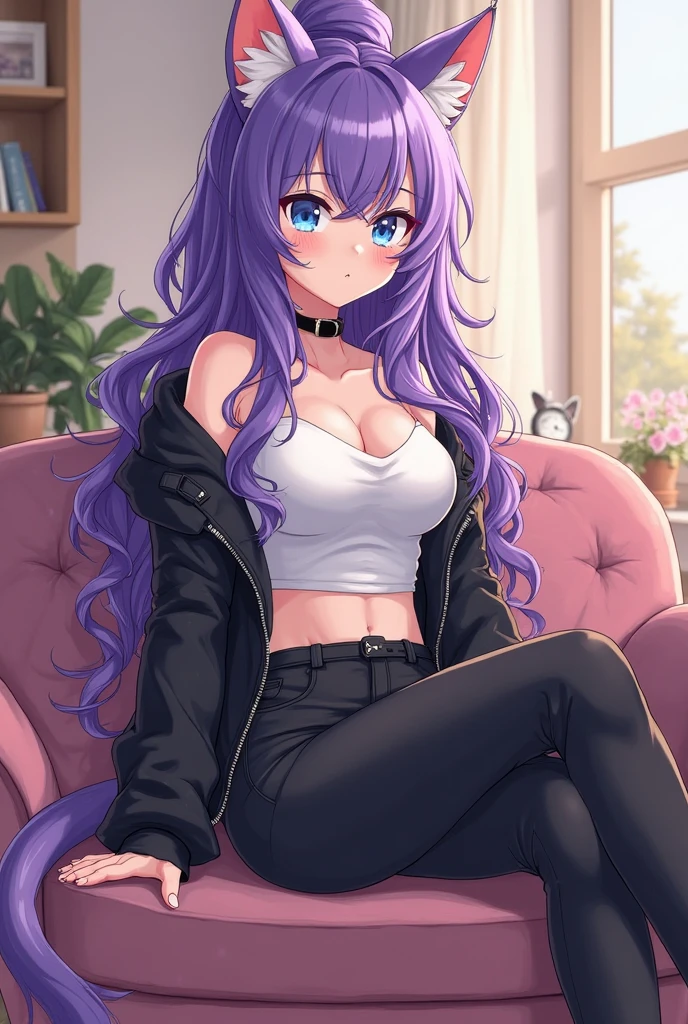 1girl, very long hair, purple hair, blue eyes, wearing a sleeveless top and hotpants, cute face