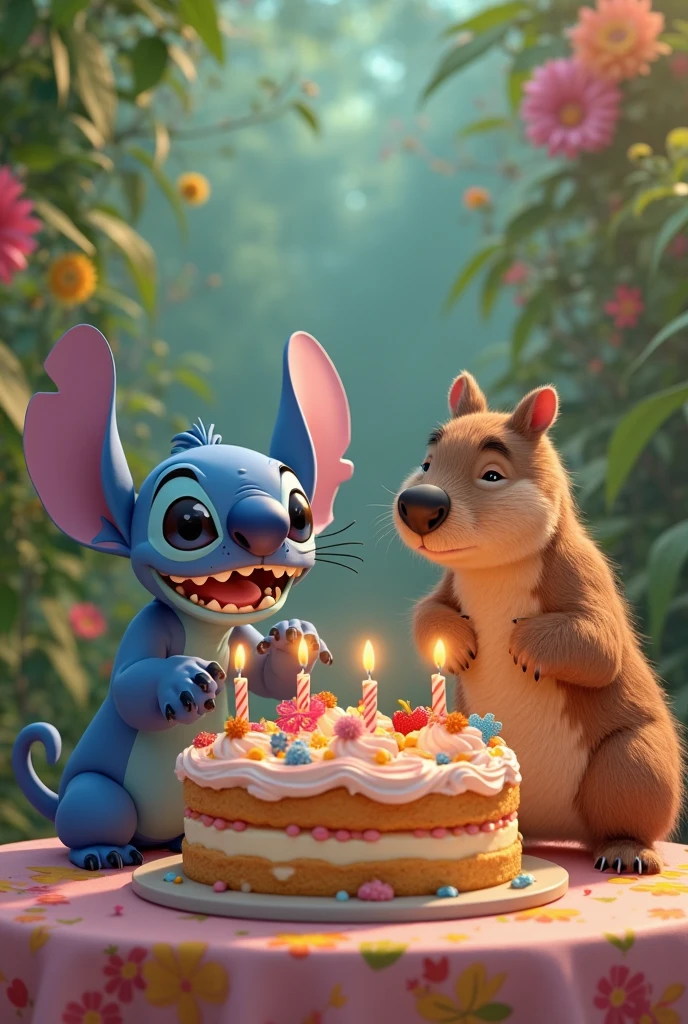 Cute 2d animation, Winnie the Pooh and Stitch eating cake, colorful, cheered up