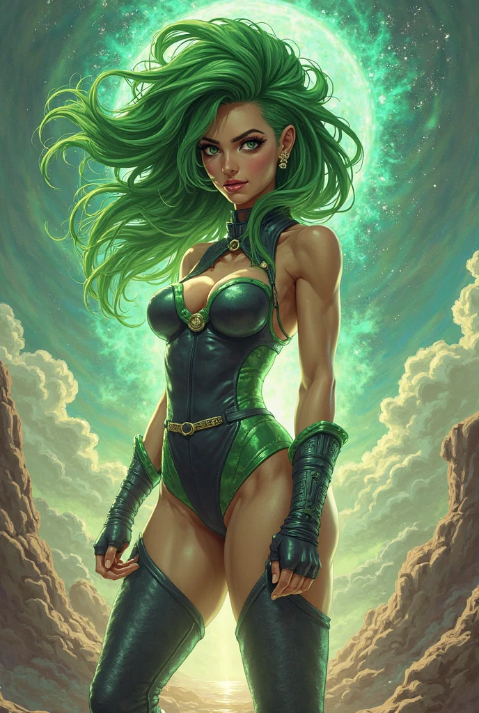 Attack of the killer queen, armed and dangerous,command with power, emerald and sky blue ,female, sweet, three quarter wiew, digital art