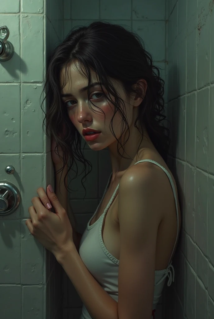 Woman very wet in shower t shirt and leggings