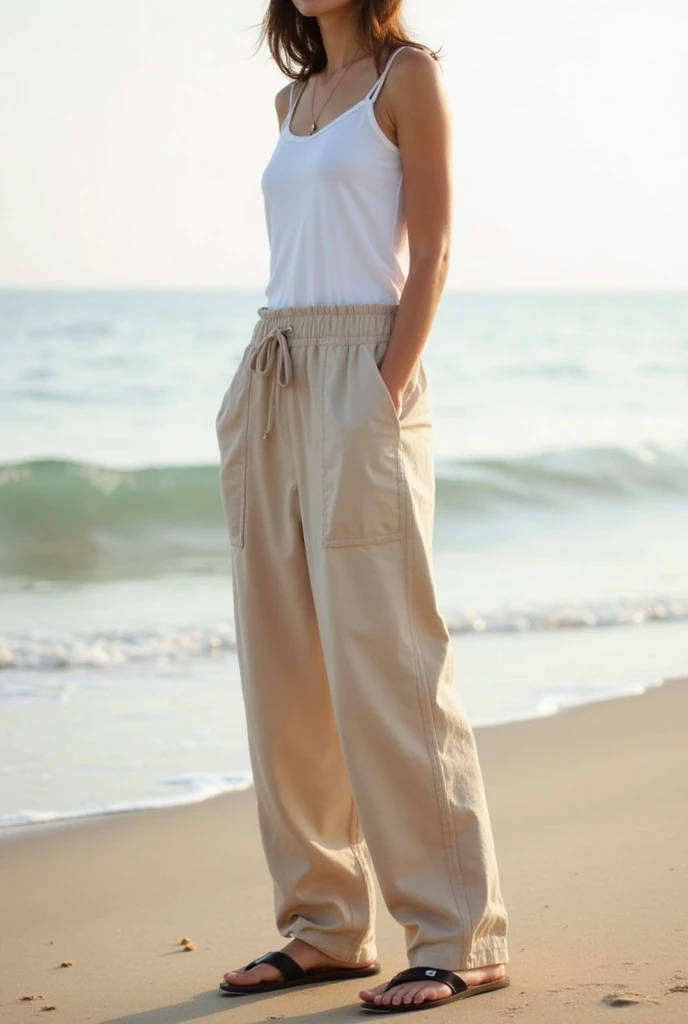 Black headscarf on the beach, grey baggy sweatpants, white long sleeve t shirt, barefoot, sexy and skinny woman. Man lying on his stomach in front of woman. Woman puts her foot on the front of man&#39;s sweatpants. 