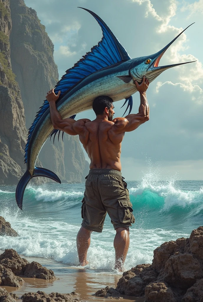 There's a man with a tattoo on his back standing on a rock, with a squid tattoo on his arms, Usando tatuagens shipibo, com uma tatuagem de lula, with a tentacle tattoo, tatuagem nas costas, tatuagens por toda a pele, tatuagem de corpo inteiro, homem tatuado, Arms covered in gang tattoo, com tatuagens, ritualistic tattoos, Directed by: Emerson Silva