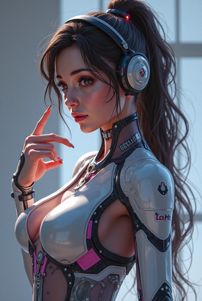 ((best quality)),((masterpiece)),(detailed),(absurd) woman with defined body, large breasts, Rubber hose style, wearing a red dress -with cybernetic arms, futuristic headphones on the head --auto --s2