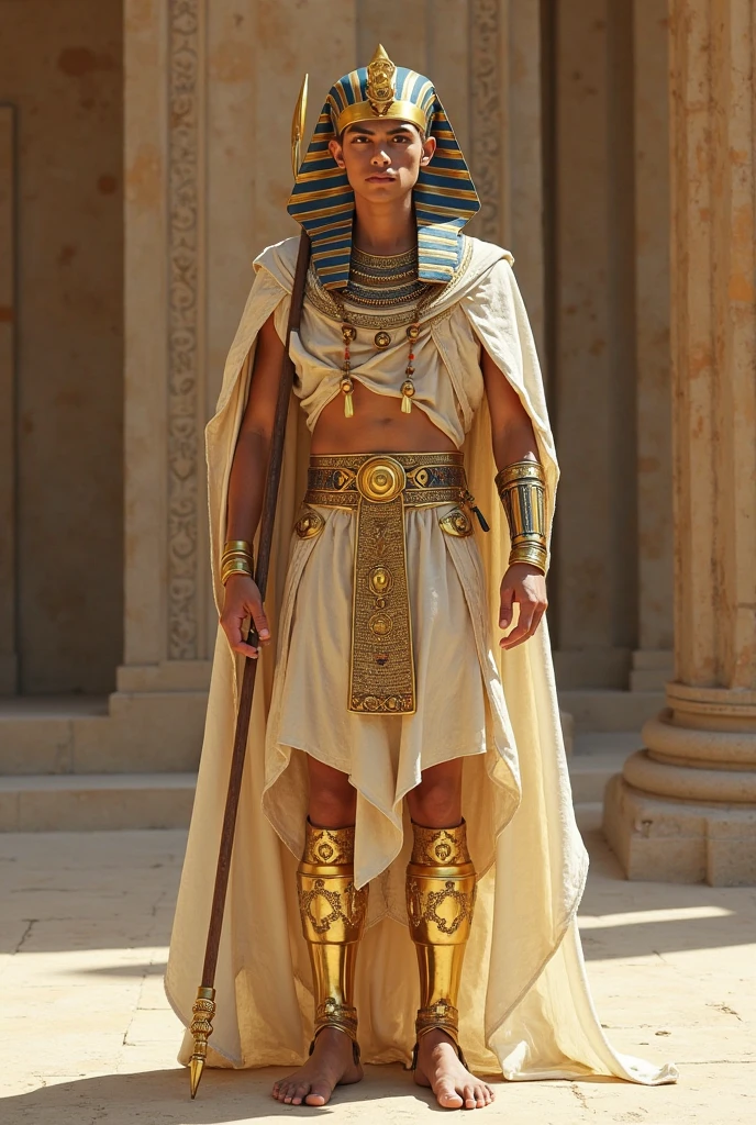 A noble man/priest in the time of Ancient Egypt, with dark brown eyes and hair, with a lot of use of gold necklaces and rings. A white tunic as clothing and a leather sandal as shoes.