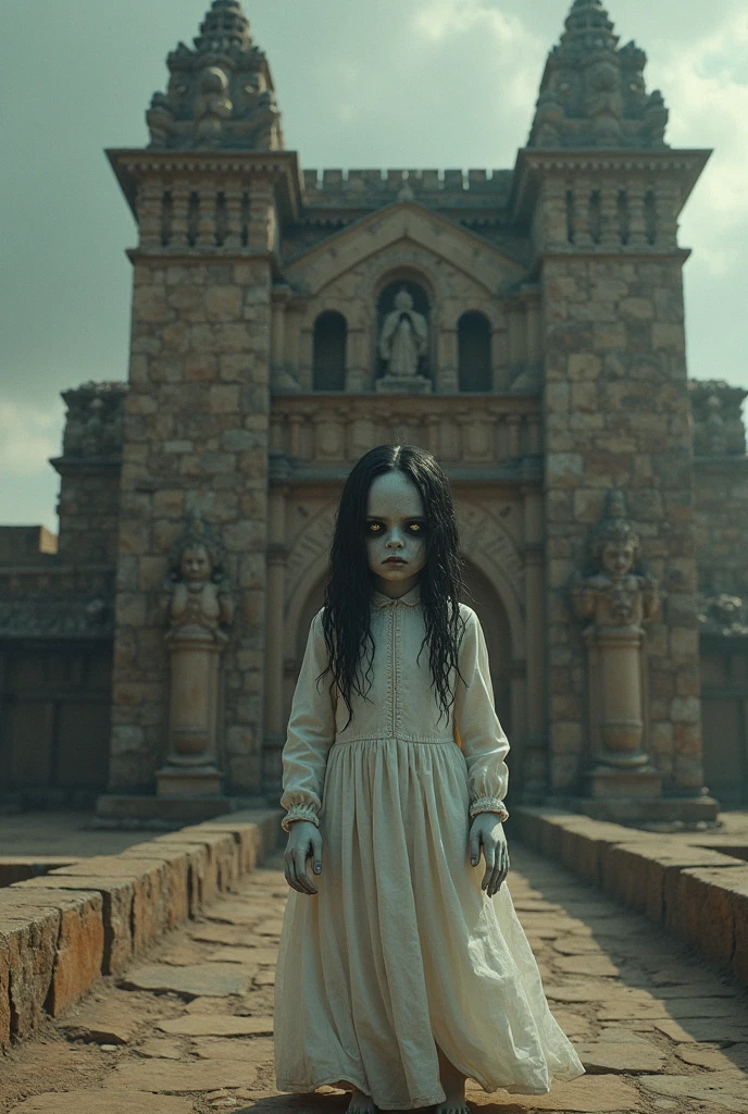 (((creature with a spectral and ghostly appearance)). Her skin is pale, almost black translucent, symbols of mourning and gothic elements, further emphasizing its dark air. is portrayed as a haunted and tormented entity,{creature}