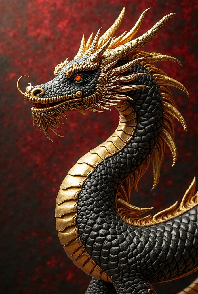 A golden snake with golden veins and edges, in addition to sacred geometries and mystical symbols of golden roses on its black dragon body with golden details with a loving gaze 