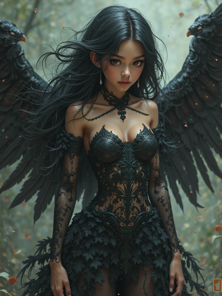 An illustration of a girl with the appearance of a fallen angel. She has dark, feathery wings with tattered edges and a melancholic expression. Her long hair flows freely, with a few strands falling over her eyes. She wears a gothic-inspired outfit, featuring a dark dress with lace and intricate details. The girl's eyes are a striking color, and she has a subtle aura of sadness and mystery. The background is dimly lit, with a soft, ethereal glow that highlights her figure, adding to the overall otherworldly and mystical atmosphere.