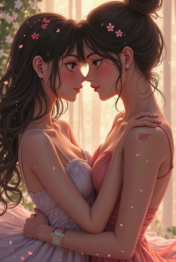 Romantic and sensual illustration of two women in an embrace, passion and desire evident in their expressions and body language, soft lighting to create a dreamy atmosphere, intricate details, best quality, masterpiece, highres, extremely detailed, sharp focus, cinematic lighting, vibrant colors