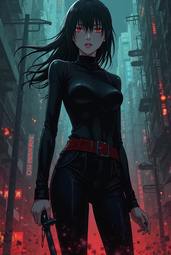 casual clothes tall red eyes black hair beautiful face detailed eyes masterpiece slim long hands black best quality dynamic lighting radiant skin Perfect Anatomy big breasts proportional body realistic anime girl