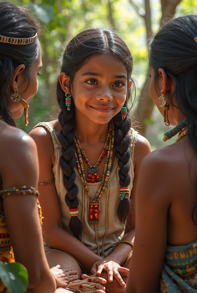 laughing girl from an Indian tribe with an arrow in her hand, Indian woman with one feather on her head and traces of paint on her face, Lots of bracelets, geometric patterns, complex knots, High detail, water and forest in the background