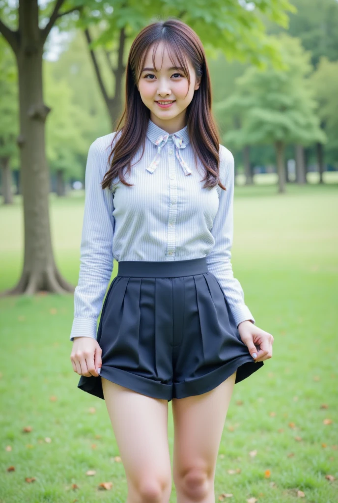 Female college student、Thin legs、ponytail、ribbon、skinny、slim、((Denim mini skirt))sitting on a park bench、Knees forward、(White lace panties)(Unbutton your shirt、Lift up your lace bra、Nipples)Wear cute sneakers、The whole body seen from the front、Flash photography