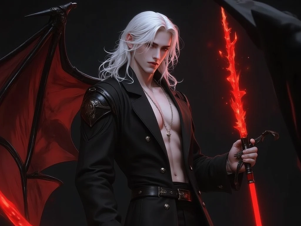 (Mindfuck art design, masterpiece, ultra detailed 4k high resolution HD, fan art,) A pale white darkness man vampire, see the vamp tooth, long hair, red eyes, shirtless, with a vampire pant, in the forest on the moonlight, dark horror, dark fantasy, blood everywhere, lugubrious, disaster recovery heal. Look like the one, the only last vampire, very strong, weapon from future, long knife like sword, mysterious, strange, mystical, powerful and amazing.