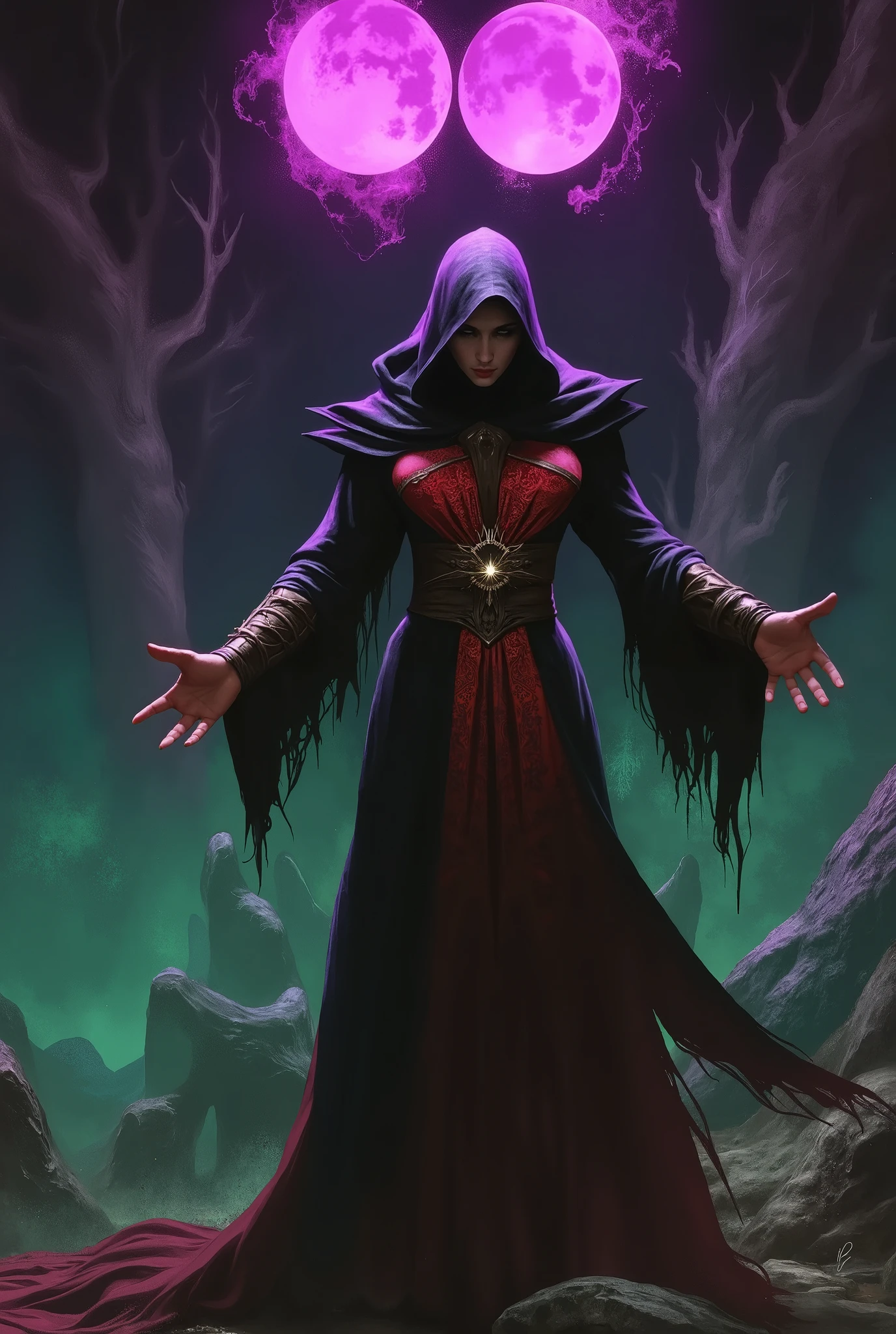 A dark fantasy theme of a female Dark Witch woman in medieval dress, on forest dark spell, in dynamic pose, twin moon in sky, bonfire. Glowing purple green and pink background lighting. (((Green gohsts floating on background))).