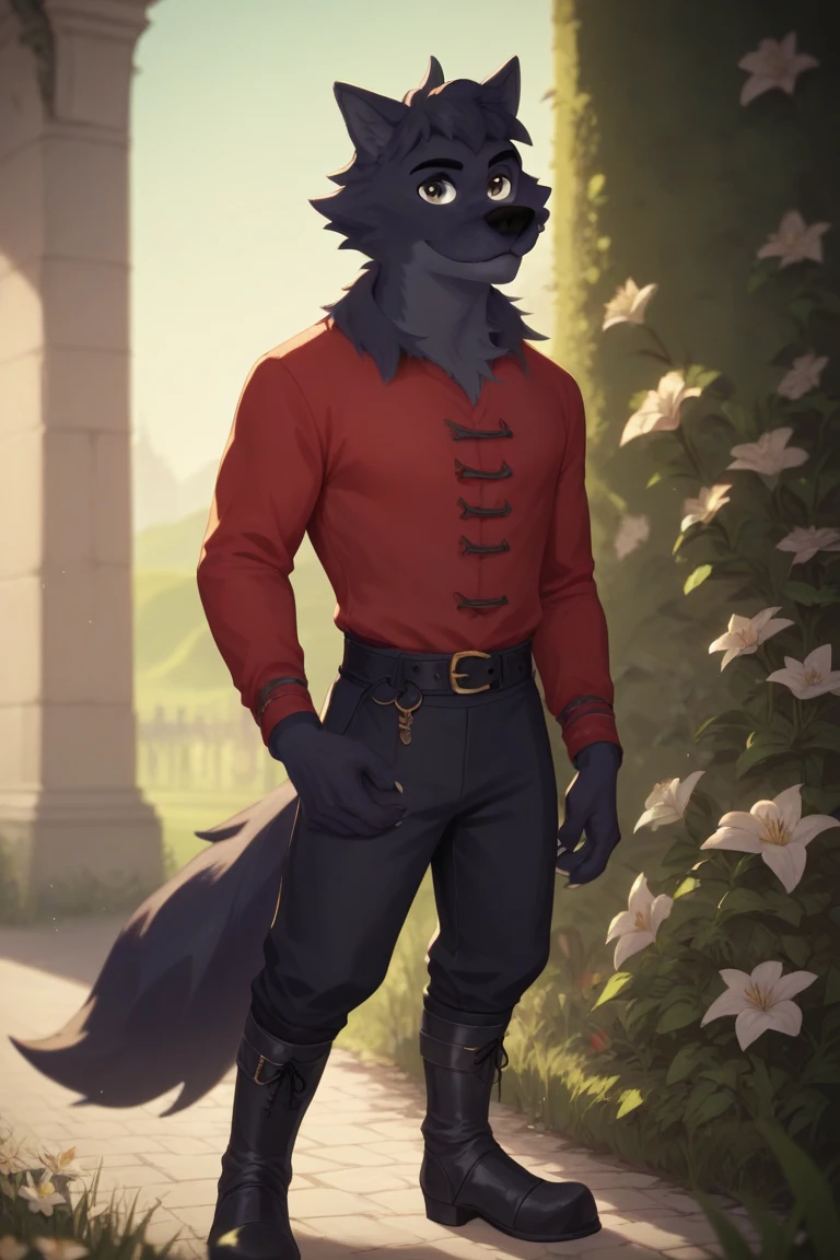 <lora:lyall-06:1>, lyall, male, muscular, tail, wolf tail, (pose:1.3), (posing:1.3), (soft shading), 4k, hi res, ((detailed face, (detailed eyes:1.0), detailed)), (full body), by zackarry911, by zaush, (by personalami:0.5), looking at viewer, smile, castle, inside, shirt, gloves, long sleeves, jacket, male focus, pants, white gloves, hand on hip, black pants, blue shirt, blue shoulder pads,