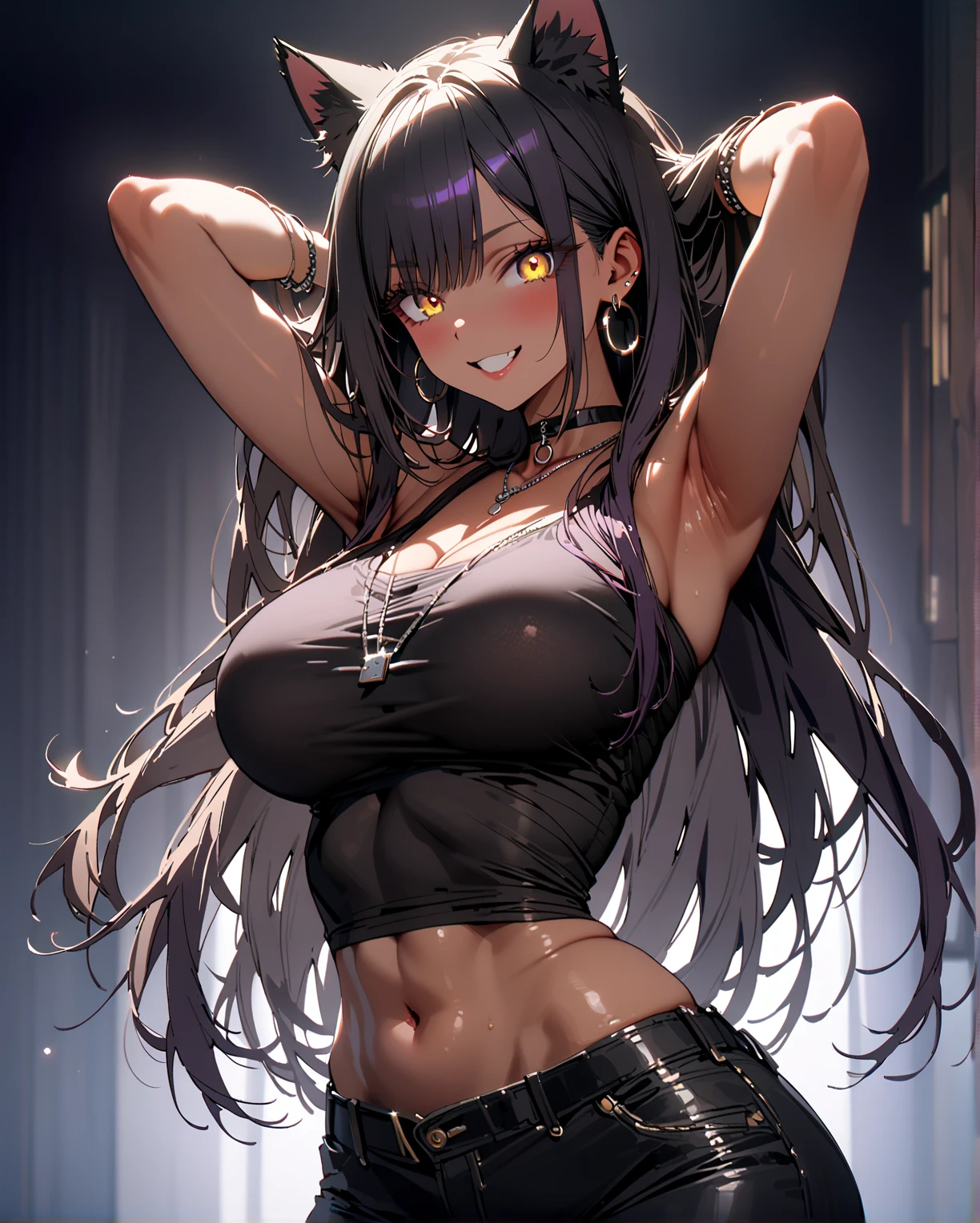 dark skin girl with rizz smile face, bad ass, long black messy hair, black sweater, concrete background, huge  , curvy body, cleavage, shoulder free, choker, hand on hip