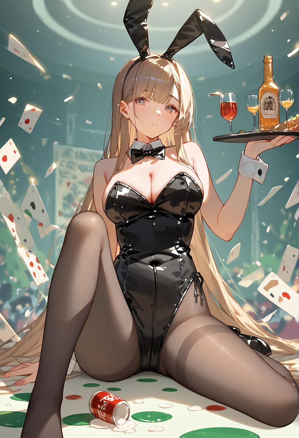 (Five Fingers, 4fingers and 1thumb), Transcendently Beautiful Girl, (masterpiece face, masterpiece eyes:1.1), (long Blonde Hair), BREAK, Flat_Chest, Huge_breasts, wide_lower back, Open your mouth and laugh smile, long eyelashes, makeup, BREAK, Bunny Girl, Rabbit ear, Rabbit tail, Enamel Leotard, wrist_Cuffs, bowtie, high_heels, BREAK, (Bare arms, Bare shoulders), BREAK, (fishnet tights with large mesh:1.3), Casino, Roulette table, Lots of coins, Masterpiece, best quality, captures a super cute moment, depth of field, ultra detailed, ultra high resolution, C4D, Octadale, 3D modeling, 8k, 16k,