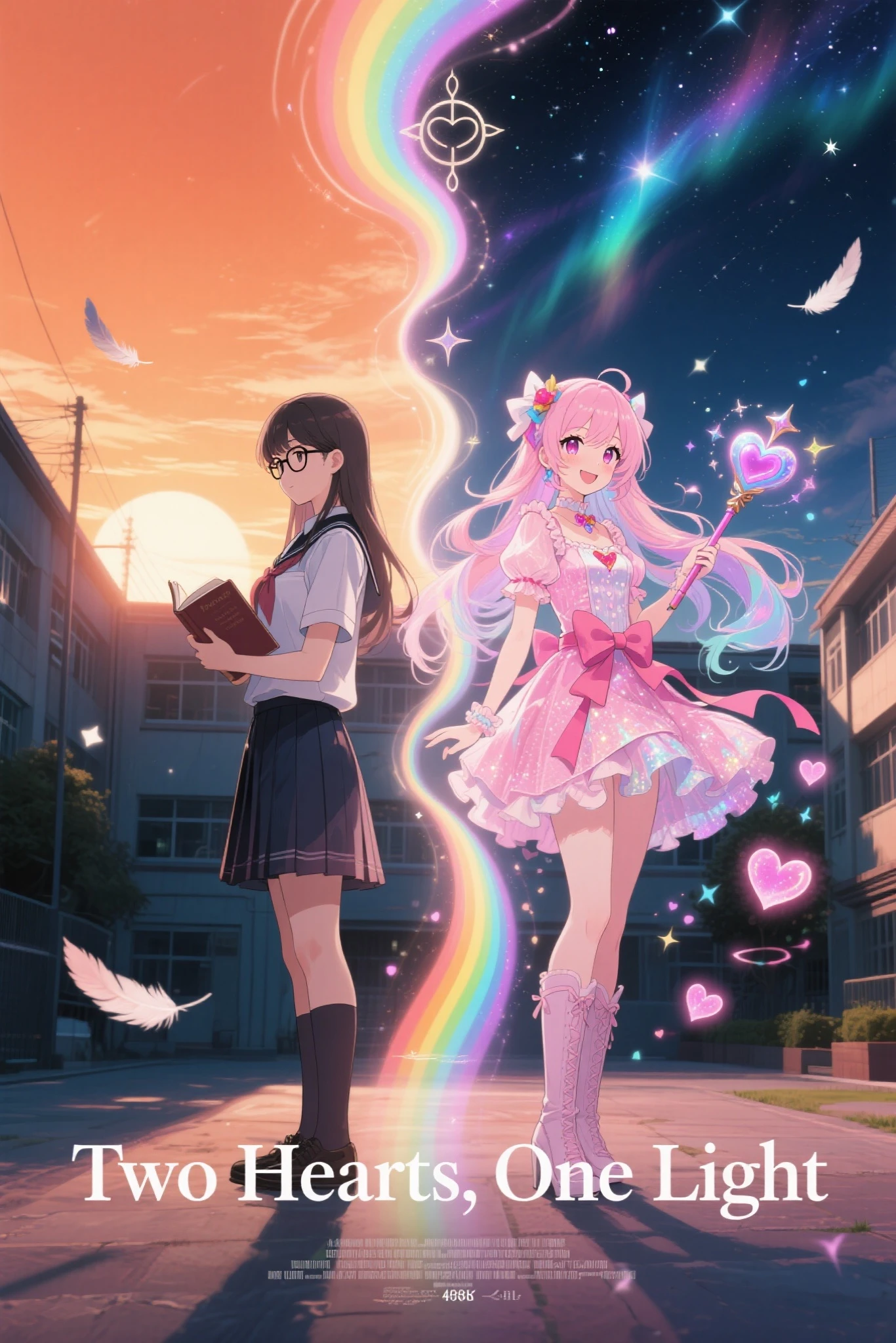 anime-style, cinematic poster composition showing two versions of the same character standing back-to-back, one side shows a quiet schoolgirl with glasses, tidy long hair, holding a textbook, wearing a clean school uniform, standing calmly with a thoughtful expression, set in a school courtyard during a warm orange sunset, the other side shows her transformed into a radiant and overly sparkly magical girl with a slightly masculine build, wearing a frilly pink dress with oversized ribbons and thigh-high boots, long flowing pastel-colored hair, exaggerated makeup, and a heart-shaped magic wand, smiling brightly, surrounded by swirling sparkles and glowing hearts, set in a dreamy magical dimension at night under a starlit sky and aurora, between them a vertical transformation effect made of swirling rainbow light, floating feathers, and magical symbols, cinematic lighting, dramatic shadows, title text at the bottom in bold serif font: “Two Hearts, One Light”, movie poster layout, ultra-detailed, 4K resolution, best quality