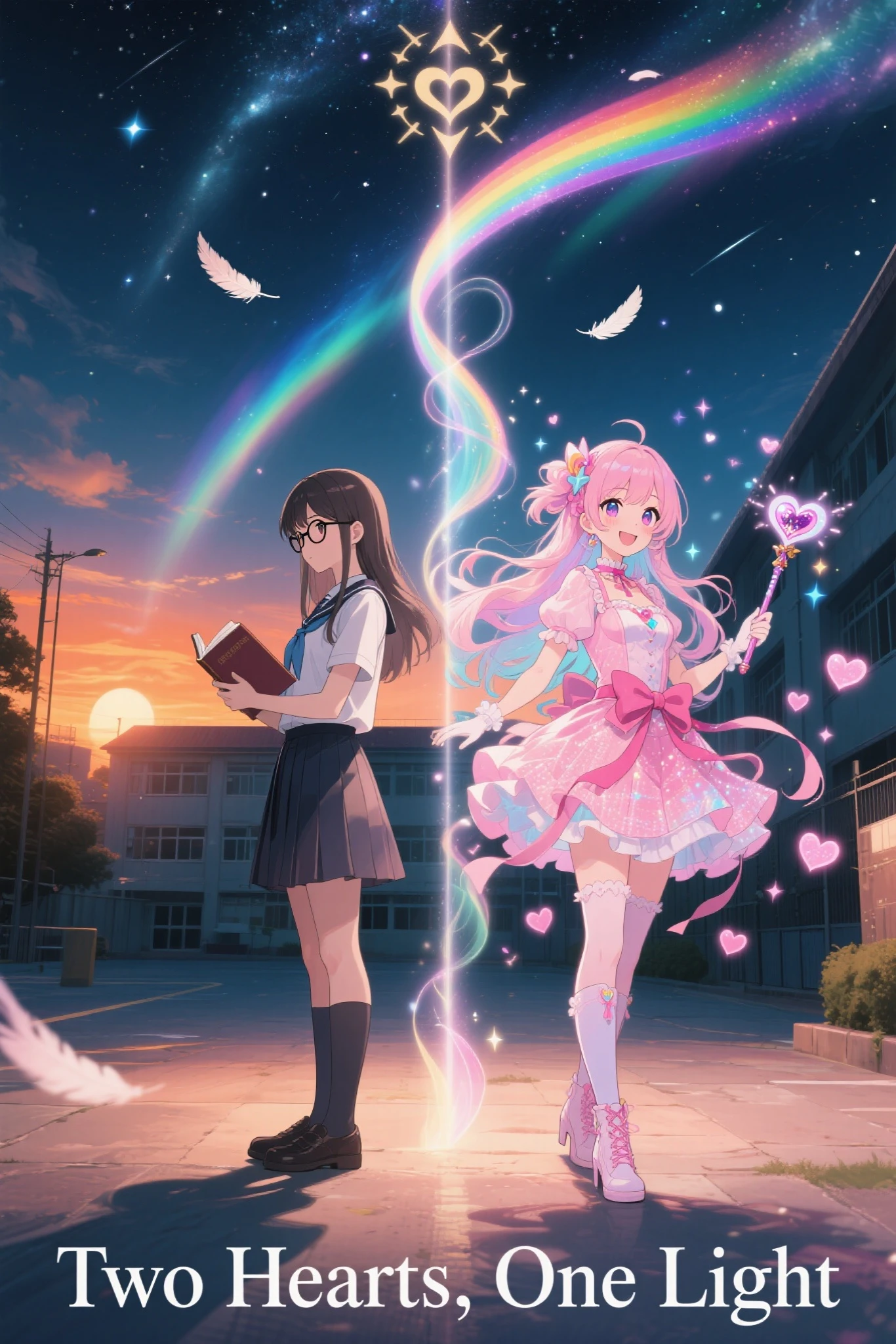 anime-style, cinematic poster composition showing two versions of the same character standing back-to-back, one side shows a quiet schoolgirl with glasses, tidy long hair, holding a textbook, wearing a clean school uniform, standing calmly with a thoughtful expression, set in a school courtyard during a warm orange sunset, the other side shows her transformed into a radiant and overly sparkly magical girl with a slightly masculine build, wearing a frilly pink dress with oversized ribbons and thigh-high boots, long flowing pastel-colored hair, exaggerated makeup, and a heart-shaped magic wand, smiling brightly, surrounded by swirling sparkles and glowing hearts, set in a dreamy magical dimension at night under a starlit sky and aurora, between them a vertical transformation effect made of swirling rainbow light, floating feathers, and magical symbols, cinematic lighting, dramatic shadows, title text at the bottom in bold serif font: “Two Hearts, One Light”, movie poster layout, ultra-detailed, 4K resolution, best quality