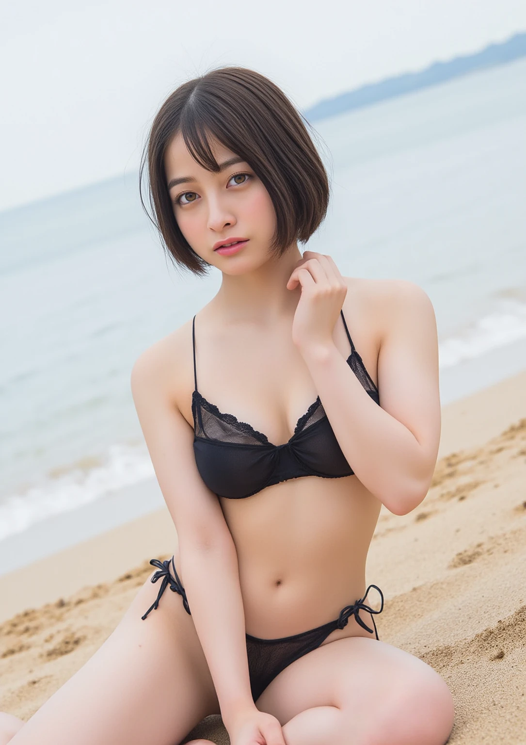 Best-quality, Masterpiece, Ultra-High-Resolution, (Photorealistic:1.4), Raw-Photo, 1girl, solo, -yeld, thost famous Japanese idol, at summer-beach, (extremely cute face like the most popular Japanese idol, extremely childish face like the most popular Japanese--actress), extremely beautiful big-black-eyes, extremely beautiful black-short-cut-haired, extremely beautiful skins, extremely beautiful long-eyelashes, extremely beautiful lips, extremely beautiful body, wearing bikini with cute-design