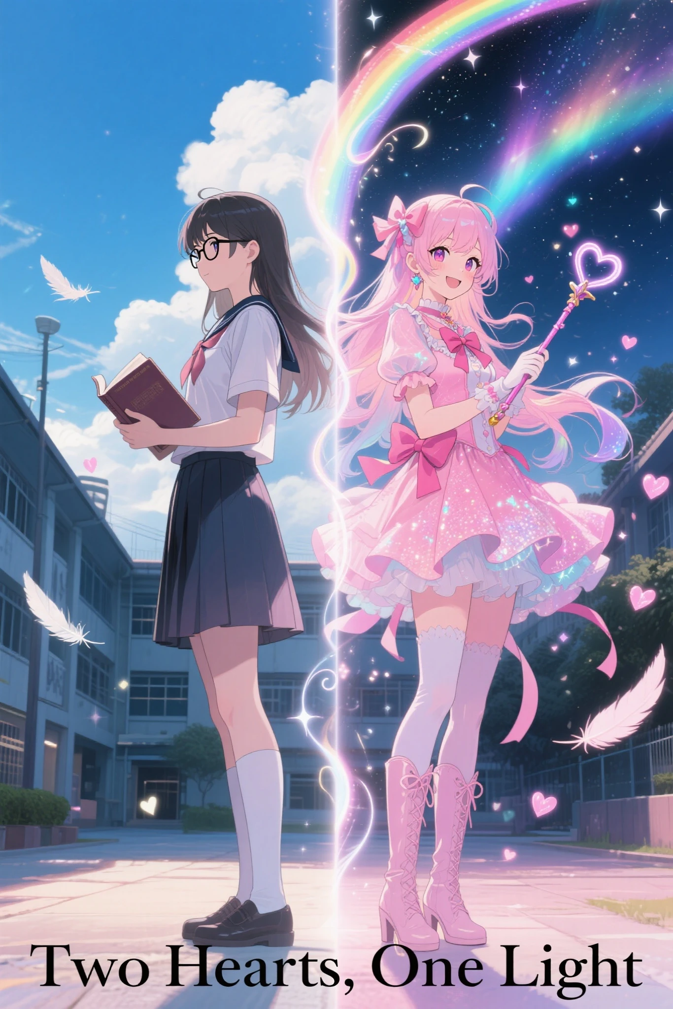 anime-style, cinematic poster composition showing two versions of the same character standing back-to-back, one side shows a quiet schoolgirl with glasses, tidy long hair, holding a textbook, wearing a clean school uniform, standing calmly with a thoughtful expression, set in a school courtyard during a warm orange sunset, the other side shows her transformed into a radiant and overly sparkly magical girl with a slightly masculine build, wearing a frilly pink dress with oversized ribbons and thigh-high boots, long flowing pastel-colored hair, exaggerated makeup, and a heart-shaped magic wand, smiling brightly, surrounded by swirling sparkles and glowing hearts, set in a dreamy magical dimension at night under a starlit sky and aurora, between them a vertical transformation effect made of swirling rainbow light, floating feathers, and magical symbols, cinematic lighting, dramatic shadows, title text at the bottom in bold serif font: “Two Hearts, One Light”, movie poster layout, ultra-detailed, 4K resolution, best quality