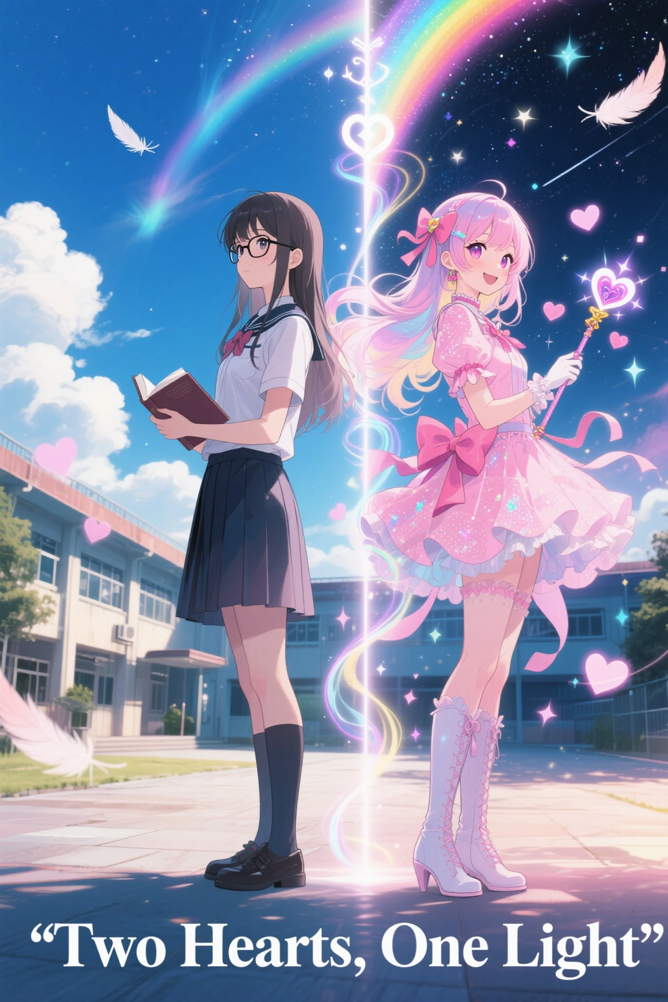 anime-style, cinematic poster composition showing two versions of the same character standing back-to-back, one side shows a quiet schoolgirl with glasses, tidy long hair, holding a textbook, wearing a clean school uniform, standing calmly with a thoughtful expression, set in a school courtyard during a warm orange sunset, the other side shows her transformed into a radiant and overly sparkly magical girl with a slightly masculine build, wearing a frilly pink dress with oversized ribbons and thigh-high boots, long flowing pastel-colored hair, exaggerated makeup, and a heart-shaped magic wand, smiling brightly, surrounded by swirling sparkles and glowing hearts, set in a dreamy magical dimension at night under a starlit sky and aurora, between them a vertical transformation effect made of swirling rainbow light, floating feathers, and magical symbols, cinematic lighting, dramatic shadows, title text at the bottom in bold serif font: “Two Hearts, One Light”, movie poster layout, ultra-detailed, 4K resolution, best quality