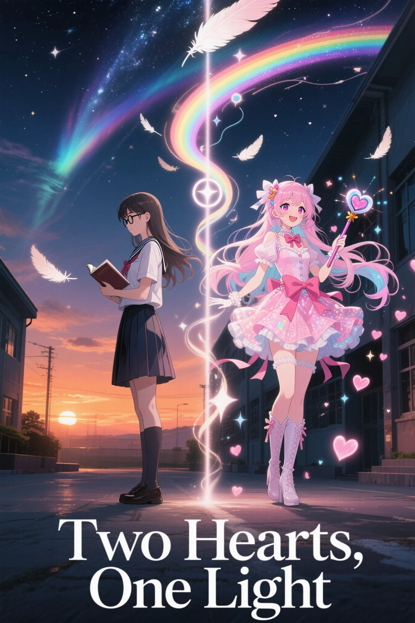 anime-style, cinematic poster composition showing two versions of the same character standing back-to-back, one side shows a quiet schoolgirl with glasses, tidy long hair, holding a textbook, wearing a clean school uniform, standing calmly with a thoughtful expression, set in a school courtyard during a warm orange sunset, the other side shows her transformed into a radiant and overly sparkly magical girl with a slightly masculine build, wearing a frilly pink dress with oversized ribbons and thigh-high boots, long flowing pastel-colored hair, exaggerated makeup, and a heart-shaped magic wand, smiling brightly, surrounded by swirling sparkles and glowing hearts, set in a dreamy magical dimension at night under a starlit sky and aurora, between them a vertical transformation effect made of swirling rainbow light, floating feathers, and magical symbols, cinematic lighting, dramatic shadows, title text at the bottom in bold serif font: “Two Hearts, One Light”, movie poster layout, ultra-detailed, 4K resolution, best quality