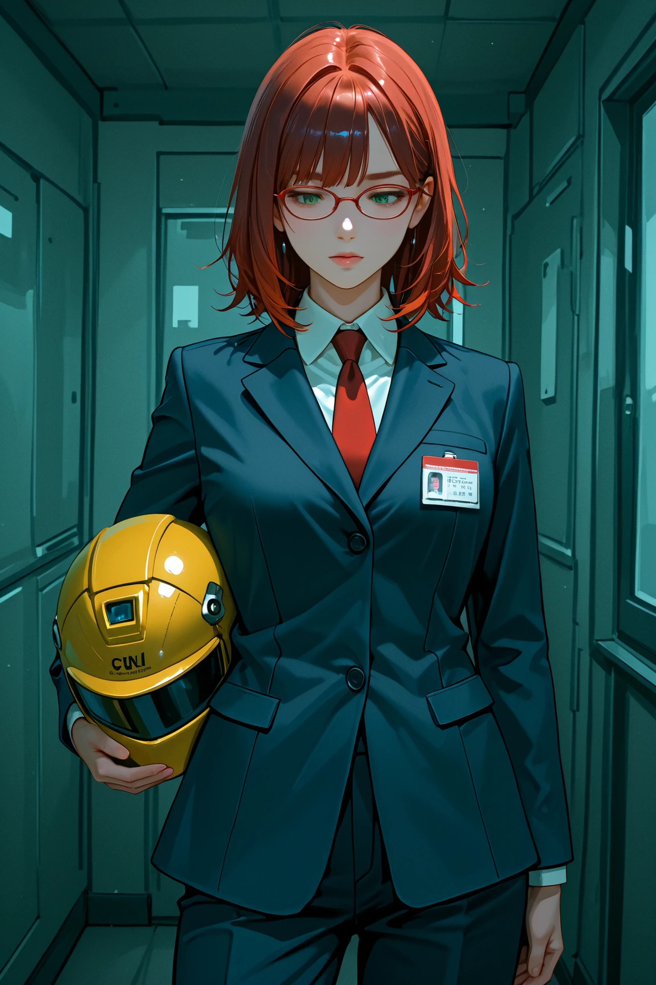 women with the same person on the left and right, They are both 25 years old, have green eyes,thick eyebrows ,another々places,
left side information 1:Unruly red hair,
left side information 2:background is factory, Wearing work clothes, wearing work clothes {x} wearing yellow helmet, boxes,
Right side information 1:黒い髪, wearing red glasses and a suit,
right side information 2:The background is a futuristic room, Each, Looking Down,
Right side information 3:Clear color like an American comic with 'BeforeAfter' written on the bottom,
situation:Surrounded by a square border and separated by、oblique diagonals。
thickness of the outline like a shonen manga,clear colors like American comics