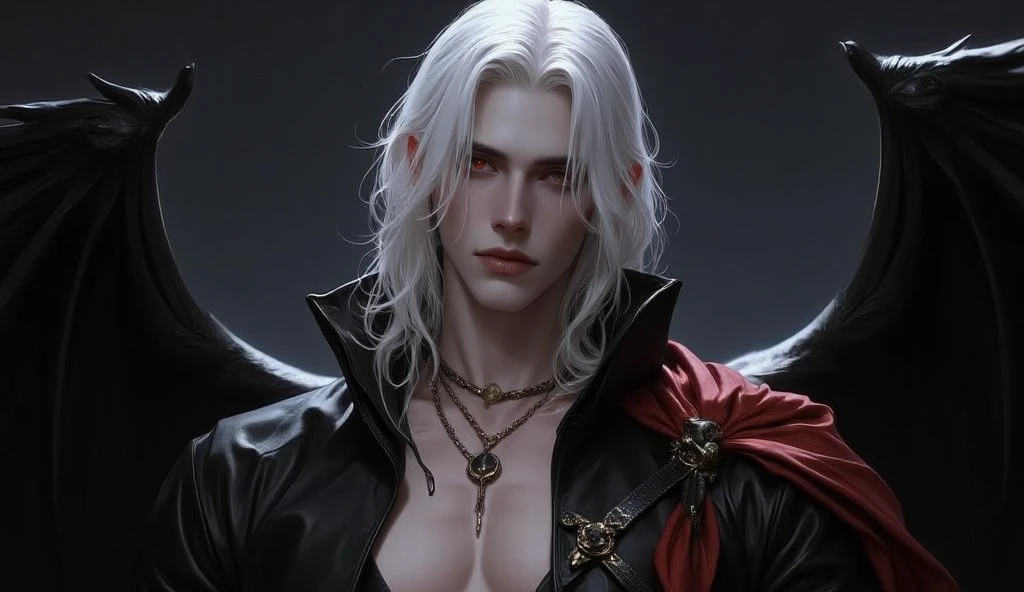 alucard,castelvania,castlevania,beautiful male god of death,illustration,richly textured,hauntingly atmospheric,captivating female vampire,detailed gothic architecture,dark cloak flowing in the wind,majestic castle in the background,dense fog,mysterious and alluring,nighttime scene,bat-like wings,red glowing eyes,blood-red moon,breathtakingly detailed portrait of the main character,high-res masterpiece,photorealistic,ethereal beauty,vibrant colors,soft and warm lighting
